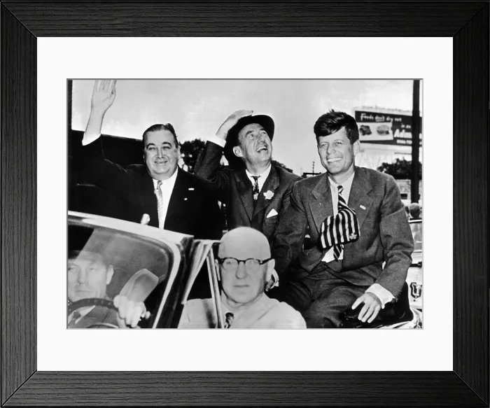 Framed Print : Adlai Stevenson campaigning in Springfield, Massachusetts. With him is Congressman John Kennedy who was campaigning for the Senate. At left is Gov. Paul Dever. Sept. 13, 1952