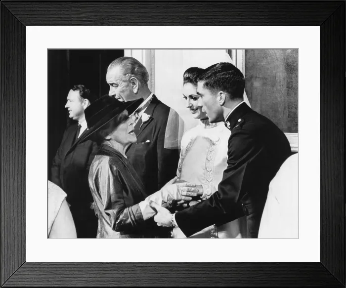 Framed Print : Alice Roosevelt Longworth with Capt. Charles Robb and Lynda Johnson at their White House wedding. Dec. 12, 1967