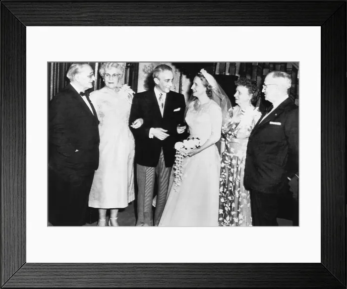Framed Print : Margaret Truman and Clifton Daniel Jr. in Truman home after their wedding. L-R: Mr. & Mrs. E.C. Clifton Daniel, Clifton Daniel and his bride, former Margaret Truman; former Pres