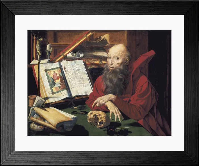Framed Print : REYMERSWAELE, Marinus Claeszoon van (1493-1567). St. 1521. The Last Judgement can be seen on the opened book. Flemish art. Oil on wood. SPAIN. Madrid. Prado Museum Framed Print : REYMERSWAELE, Marinus Claeszoon van (1493-1567). St. 1521. The Last Judgement can be seen on the opened book. Flemish art. Oil on wood. SPAIN. Madrid. Prado Museum