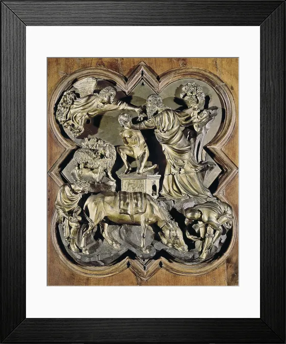Framed Print : Brunelleschi, Filippo (1377-1446). Sacrifice of Isaac. 1401. Work made for the door of the Florenz Baptistry. Renaissance art. Quattrocento. Relief on bronze. ITALY. Florence