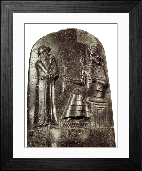Framed Print : Code of Hammurabi. ca. 1750 BC. List of the laws adopted by King Hammurabi. Babylonian art. Old Babylonian period. Relief on rock. FRANCE. Paris. Louvre Museum