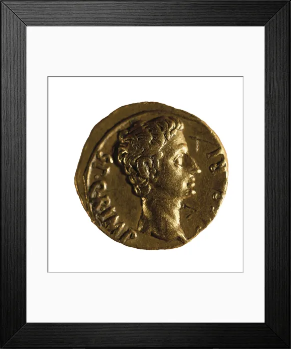 Framed Print : Aureus with Augustus effigy (1st c.). Coin. SPAIN. Barcelona. National Art Museum of Catalonia. AISA / Everett Collection**US SALES ONLY**