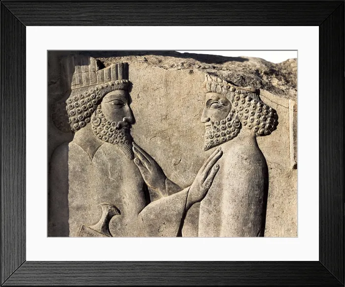 Framed Print : IRAN. Persepolis. Two dignataries exchanging signs of friendship. Decorations of the staircase that leads to the Tripylon (6th-5th c. BC). Persian art. Achaemenid period