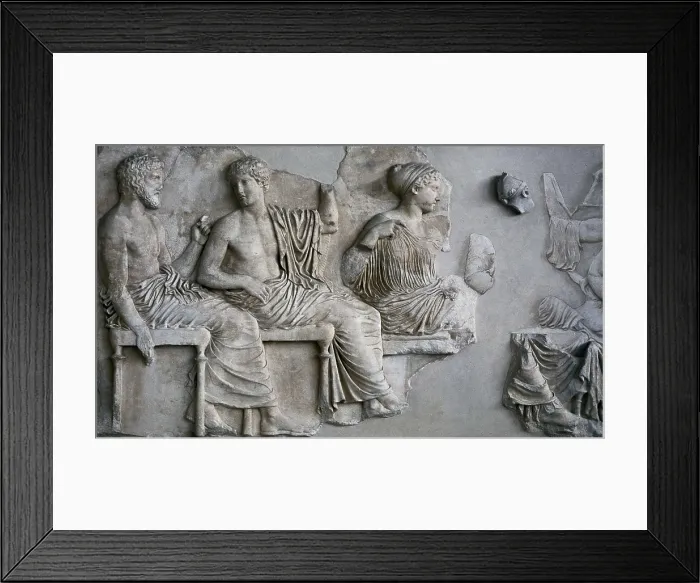 Framed Print : ALCAMENES (5th C. BC). Poseidon, Apollo, Artemis and Aphrodite from the east frieze of the Parthenon. 447 - 438 BC. Classical Greek art. Relief on marble. GREECE. Athens