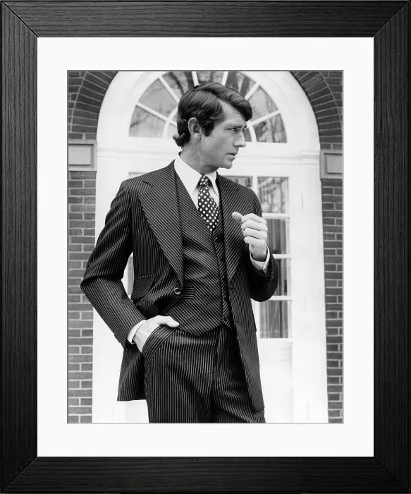 Framed Print : Brown wool and silk three-piece suit is pin striped with gold and white. It has angled stripes on the vest, pockets and lapels
