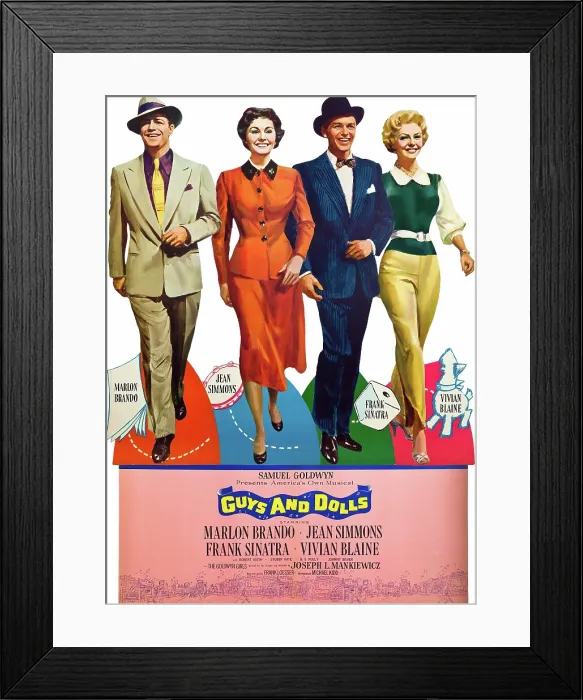 Framed Print : GUYS AND DOLLS, l-r: Marlon Brando, Jean Simmons, Frank Sinatra, Vivian Blaine on poster art, 1955 Framed Print : GUYS AND DOLLS, l-r: Marlon Brando, Jean Simmons, Frank Sinatra, Vivian Blaine on poster art, 1955