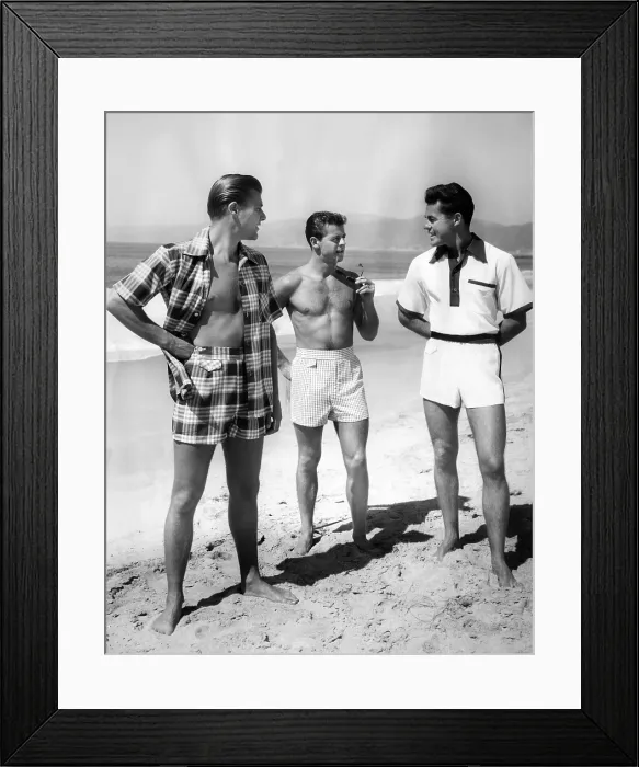 Framed Print : Male models pose in Jantzen's 1952 men's bathing suits Framed Print : Male models pose in Jantzen's 1952 men's bathing suits