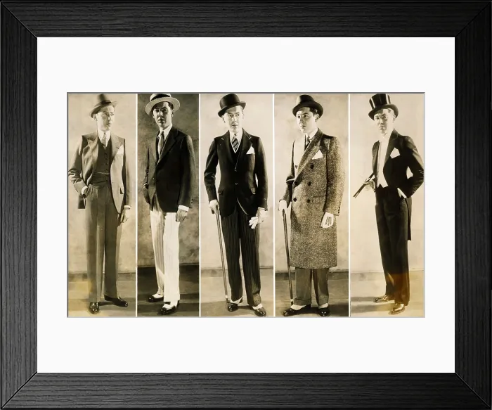 Framed Print : The well dressed man's wardrobe in 1929. L-R: Business suit, Sporting wear, Afternoon dress suit, Tweed overcoat, and a tuxedo for formal evenings