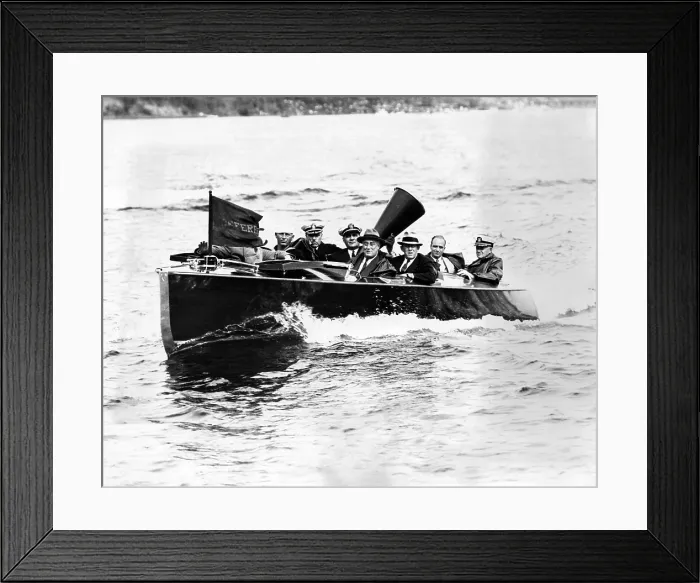 Framed Print : President Franklin Roosevelt watches the Navy vs. Harvard crew races at Annapolis. FDR's son Franklin Jr. rowed in the Harvard Jr. Varsity