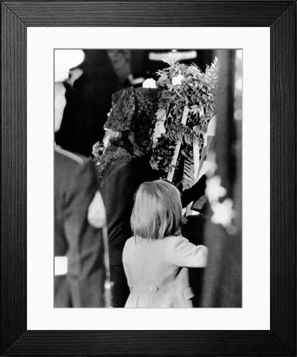 Framed Print : President John Kennedy's lying in State ceremonies. Jacqueline and Caroline Kennedy at the late President's coffin in the Capitol Rotunda. Nov. 24, 1963