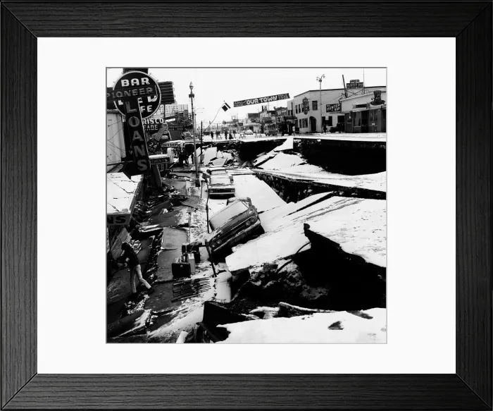 Framed Print : 1964 Alaska Earthquake. Anchorage business district's main street was torn apart by the Good Friday Earthquake on March 27, 1964 Framed Print : 1964 Alaska Earthquake. Anchorage business district's main street was torn apart by the Good Friday Earthquake on March 27, 1964
