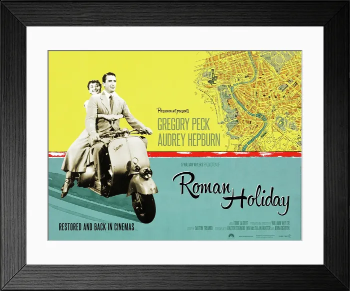 Framed Print : ROMAN HOLIDAY, British re-release poster art, from left: Audrey Hepburn, Gregory Peck, 1953