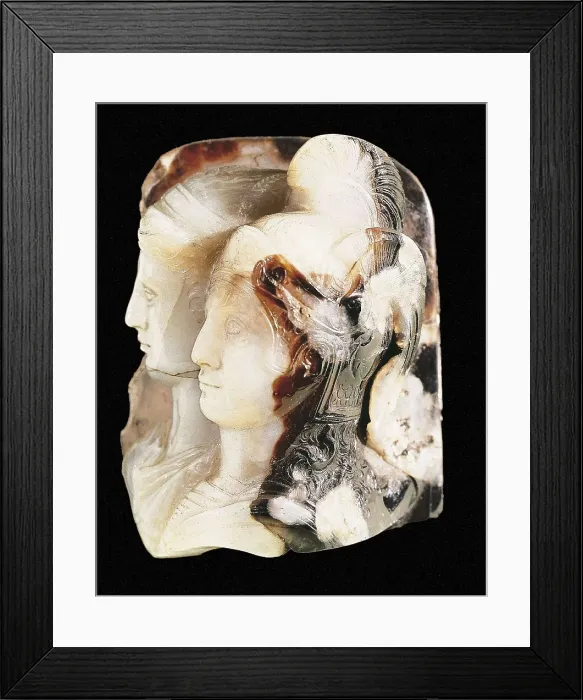 Framed Print : OLYMPIAS (375-316a.C.); ALEXANDER the Great (356-323 BC). Cameo depicting Alexander the Great and his mother Olympias, made on onyx. Greek art. Relief; Jewelry. ITALY. Florence Framed Print : OLYMPIAS (375-316a.C.); ALEXANDER the Great (356-323 BC). Cameo depicting Alexander the Great and his mother Olympias, made on onyx. Greek art. Relief; Jewelry. ITALY. Florence