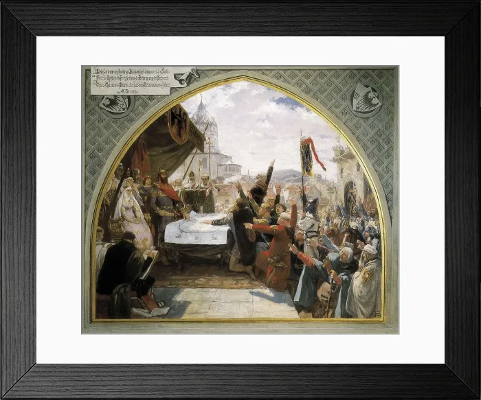 Framed Print : BAHUER, Albert (19th century). Frederick I in Aachen. GERMANY. Aachen. Frankenberg Castle. Episode that happened in 1172. Oil on canvas. AISA / Everett Collection**US SALES ONLY**