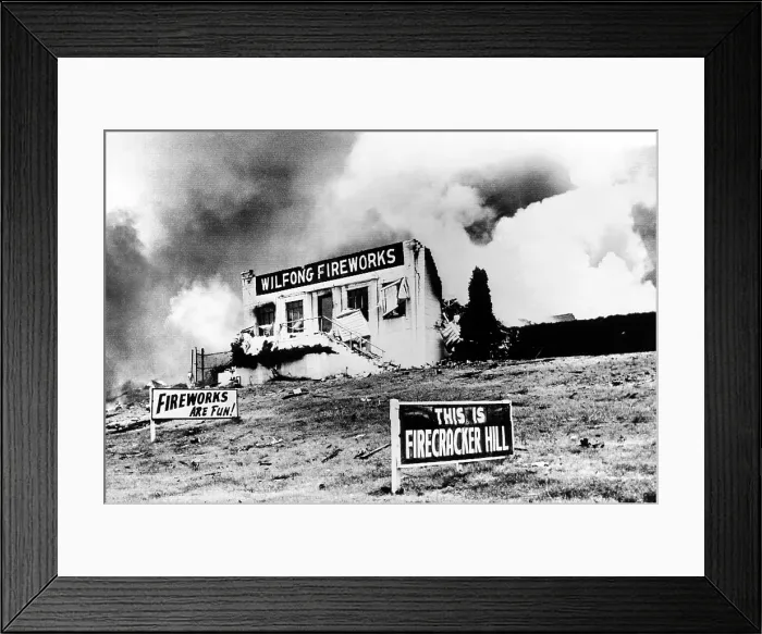 Framed Print : The front wall of the Wilfong Fireworks Co. after it exploded, injuring 13 people, Fort Worth, Texas. June 19, 1953. (CSU_ALPHA_1563) CSU Archives / Everett Collection