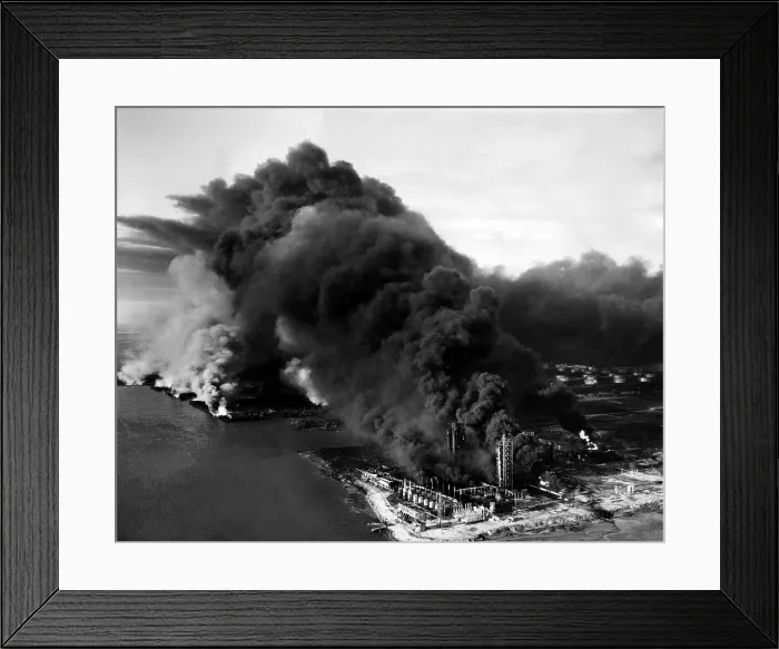 Framed Print : Oily black smoke rises from the Texas City Monsanto Chemical Company plant