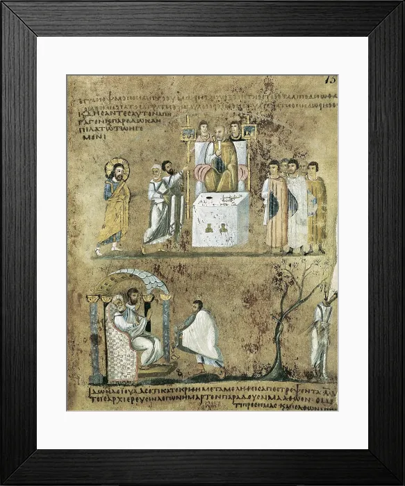 Framed Print : Codex Purpureus Rossanensis. 6th c. ITALY. Rossano. Castle of San Bernardo. Christ before Caiaphas. Early Byzantine art. Miniature Painting