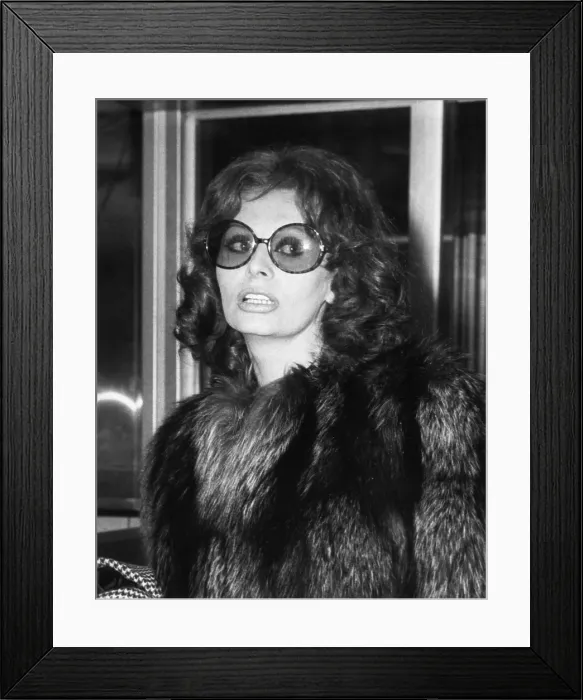 Framed Print : Sophia Loren in large sunglasses and fur at Rome's airport, May 14, 1974. (CSU_2015_8_612)