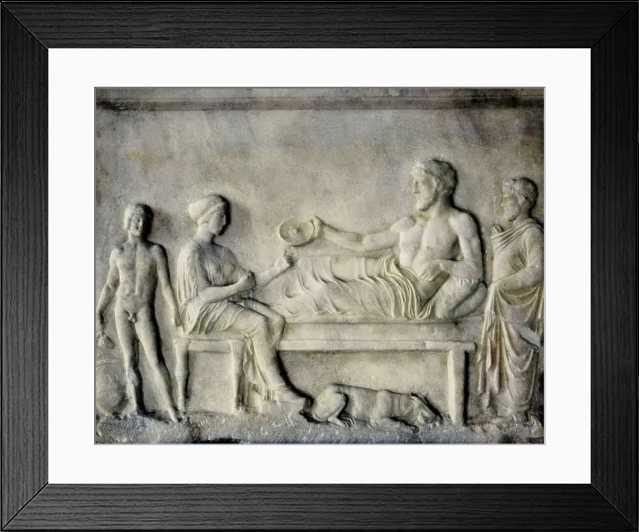 Framed Print : Scene of a banquet. 4th c. BC. Classical Greek art. Relief on marble. GREECE. Athens. National Museum of Archaeology. AISA / Everett Collection**US SALES ONLY**