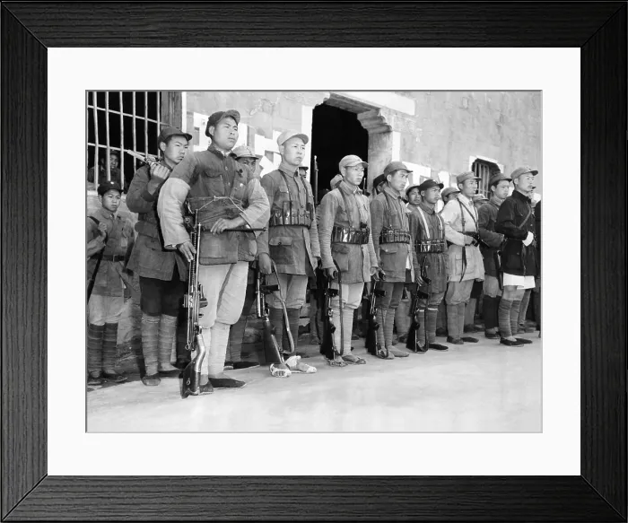 Framed Print : Typical soldiers of the Communist New Fourth Army. Most have up to date equipment, except to poorly shod soldier in the front row