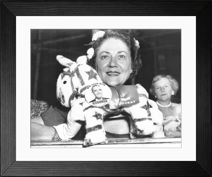 Framed Print : Mrs. Averill Harriman poses with a toy Donkey wearing a Harriman for President button. Aug. 14, 1956 Framed Print : Mrs. Averill Harriman poses with a toy Donkey wearing a Harriman for President button. Aug. 14, 1956