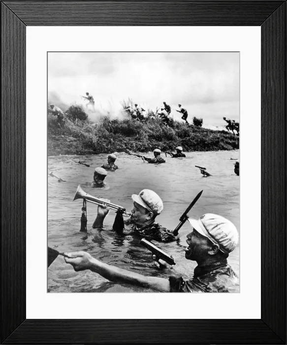 Framed Print : Chinese Communist soldiers cross a river during training. The bugle was used to communicate commands to troops. Aug. 1966. (CSU_ALPHA_1374) CSU Archives / Everett Collection