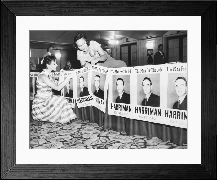 Framed Print : Posters, The Man For The Job at Averill Harriman Convention headquarters, July 16, 1952 Framed Print : Posters, The Man For The Job at Averill Harriman Convention headquarters, July 16, 1952
