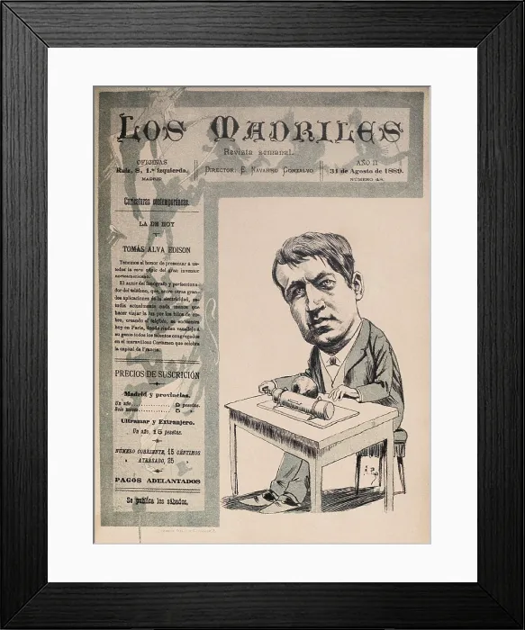 Framed Print : EDISON, Thomas Alva (1847-1931). Caricature of Thomas Edison published in the magazine 'Los Madriles' (August 31, 1889). Engraving