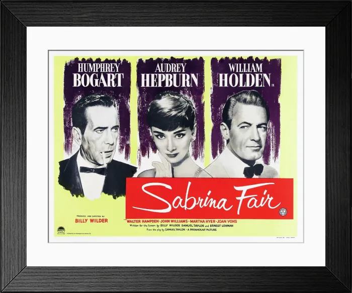 Framed Print : SABRINA, British poster, l-r: Humphrey Bogart, Audrey Hepburn, William Holden, 1952