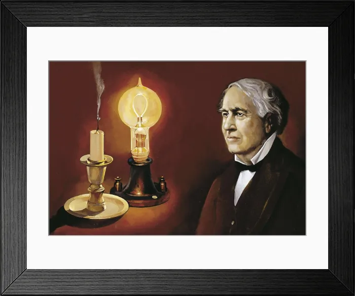 Framed Print : EDISON, Thomas Alva (1847-1931). Thomas Edison and his incandescence lamp. Oil on canvas. AISA / Everett Collection**US SALES ONLY**