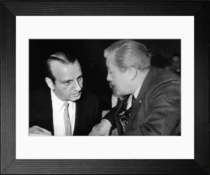 Framed Print : Melvin Belli confers with his client, Jack Ruby, prior to bail hearing. Ruby murdered John Kennedy's assassin Lee Harvey Oswald. Dallas, Tex. Dec. 23, 1963 Framed Print : Melvin Belli confers with his client, Jack Ruby, prior to bail hearing. Ruby murdered John Kennedy's assassin Lee Harvey Oswald. Dallas, Tex. Dec. 23, 1963