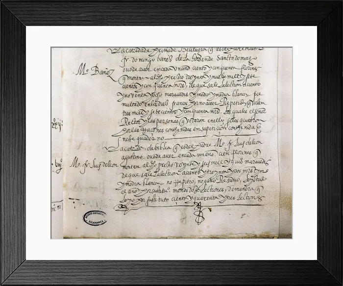 Framed Print : LEON, Fray Luis de (1528-1591). Document explaining the salary liquidation given to Fray Luis de Len as Bible professor at the University of Salamanca Framed Print : LEON, Fray Luis de (1528-1591). Document explaining the salary liquidation given to Fray Luis de Len as Bible professor at the University of Salamanca
