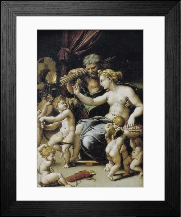 Framed Print : ROMANO, Giulio, Workshop of. Venus and Vulcan. ca. 1530. Renaissance art. Cinquecento. Roman school. Oil on wood. FRANCE. Paris. Louvre Museum