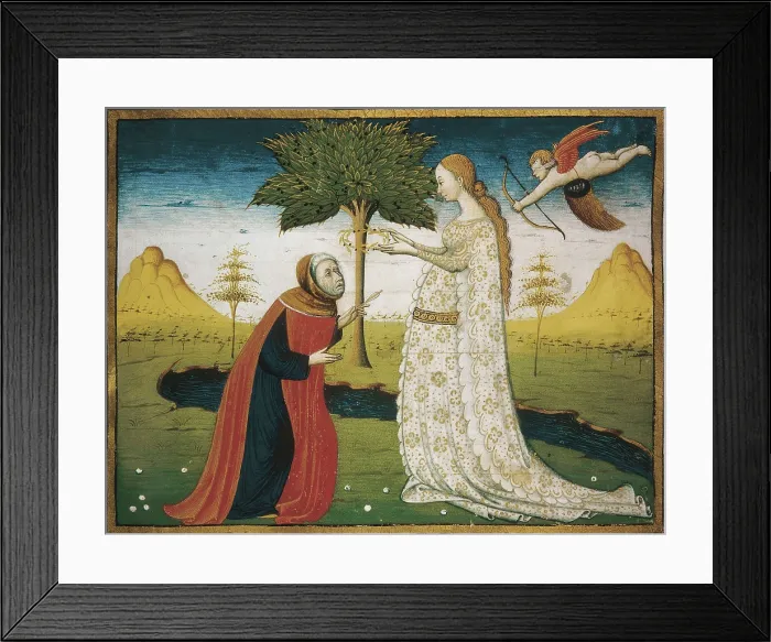 Framed Print : Miniature of Petrarca's songbook depicting Laura de Noves crowning the poet (15th c.). Renaissance art. Quattrocento. Florentine school. Miniature Painting. ITALY. Florence
