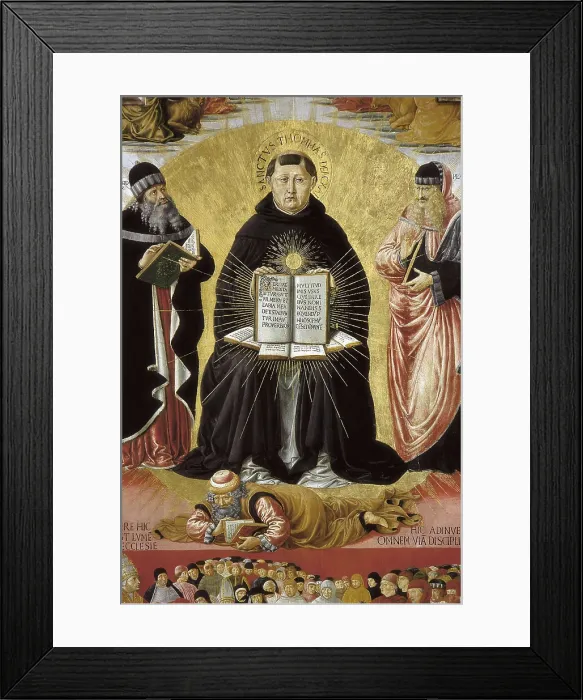 Framed Print : Gozzoli, Benozzo di Lese, called Benozzo (1420-1497). The Triumph of St. 1470-1475. Central detail. The Saint between Aristotle and Plato, and above the Arab philosopher Averroes