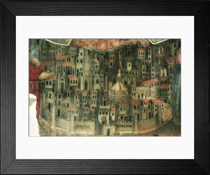 Framed Print : Daddi, Bernardo (c.1290-c.1355). The Madonna della Misericordia. 1342. ITALY. Florence. Loggia del Bigallo (Guildhall). Lower detail with a view of Florence. Renaissance art Framed Print : Daddi, Bernardo (c.1290-c.1355). The Madonna della Misericordia. 1342. ITALY. Florence. Loggia del Bigallo (Guildhall). Lower detail with a view of Florence. Renaissance art