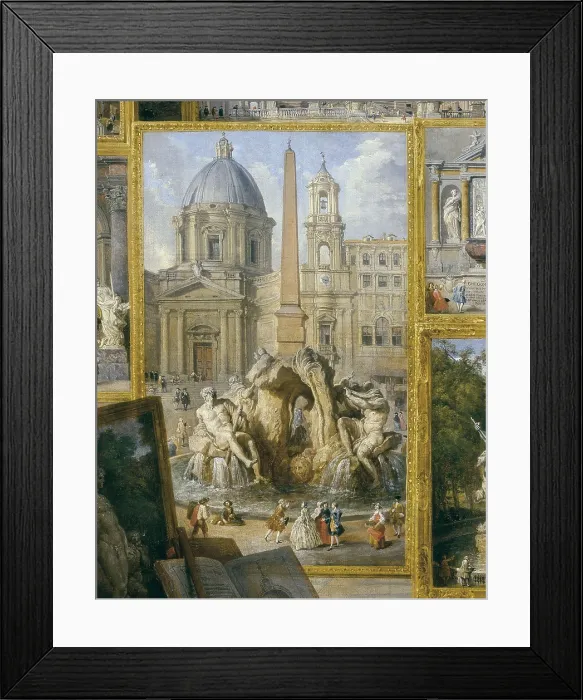 Framed Print : PANNINI, Giovanni Paolo (1691-1765). Gallery with Views of Modern Rome. 1759. Left lower detail of the Navona Square in Rome. Neoclassicism. Oil on canvas. FRANCE. Paris