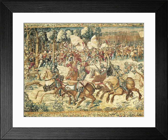 Framed Print : Battle of Pavia (1525). Advance of the troops of the Emperor Charles V. Tapestry based on a cardborad by Barnaert van Orley. Flemish art. Tapestry. ITALY. Naples