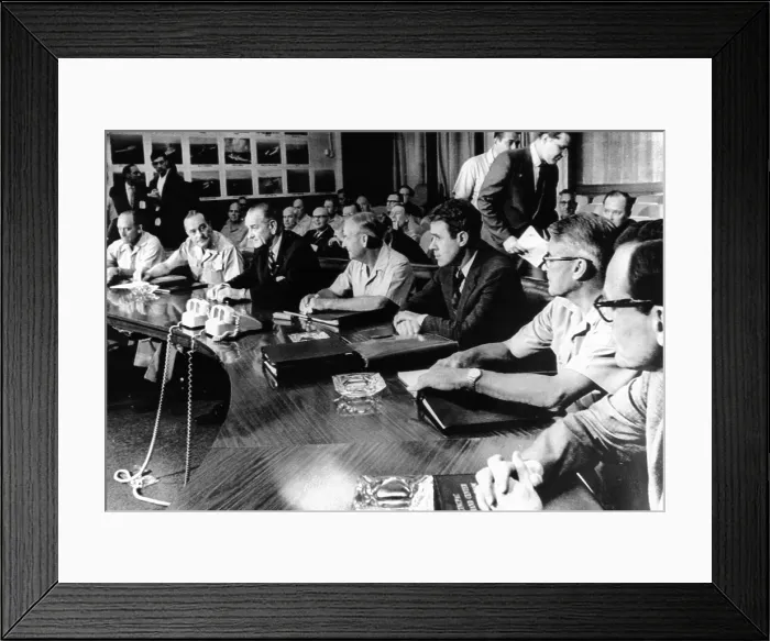 Framed Print : President Lyndon Johnson meets with military leaders. At Camp K.L. Smith, military headquarters for the Pacific, L-R: Gen. John Ryan, Cmdr. Pacific Air Force; Gen