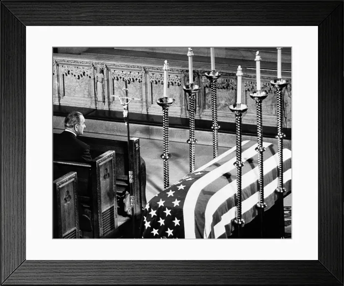 Framed Print : President Lyndon Johnson sits next to Senator Robert Kennedy's flag-draped coffin during Solemn Requiem Mass at St. Patrick's Cathedral June 3, 1968 Framed Print : President Lyndon Johnson sits next to Senator Robert Kennedy's flag-draped coffin during Solemn Requiem Mass at St. Patrick's Cathedral June 3, 1968