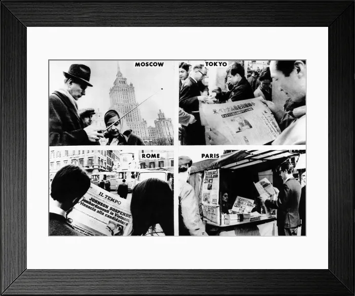 Framed Print : Newspaper headlines world wide tell of President Lyndon Johnson's decision not seek re-election