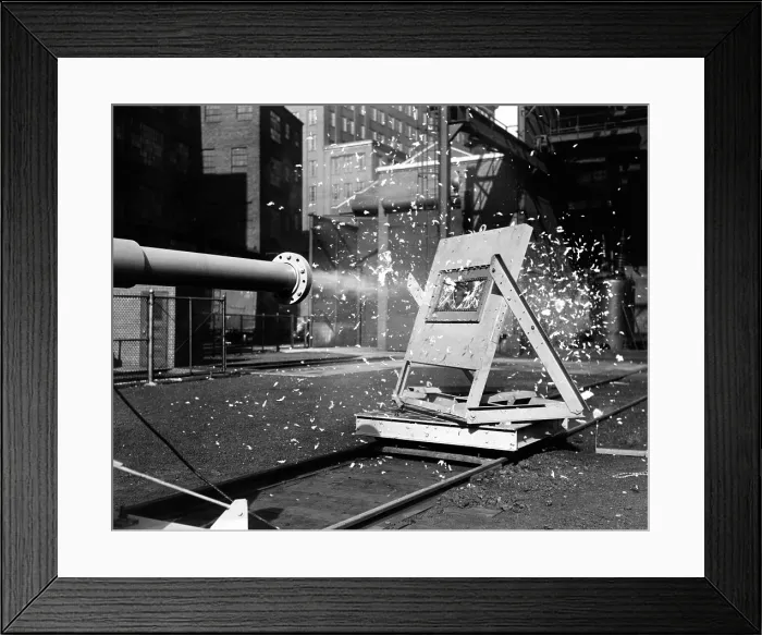 Framed Print : A test simulates the impact of a bird smashing into a standard airplane window at 110 mph