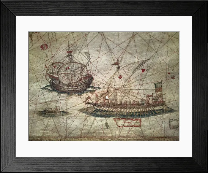 Framed Print : Portuguese galleys and caravels. Detail of a map by Grazioso Benincasa (1482). Painting. ITALY. Modena. Estense Library. AISA / Everett Collection**US SALES ONLY**