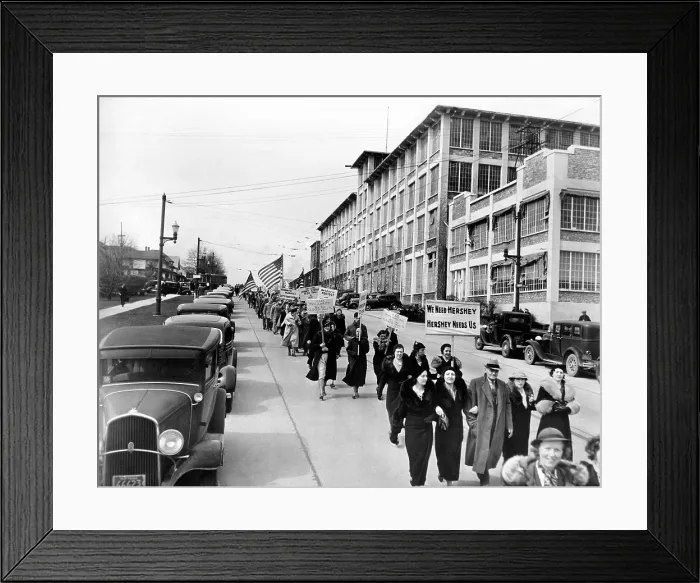Framed Print : Strike against the Hershey Chocolate Company. Hershey employees protest the CIO sit down strike on the 6th day of the strike. One sign reads, We need Hershey Framed Print : Strike against the Hershey Chocolate Company. Hershey employees protest the CIO sit down strike on the 6th day of the strike. One sign reads, We need Hershey