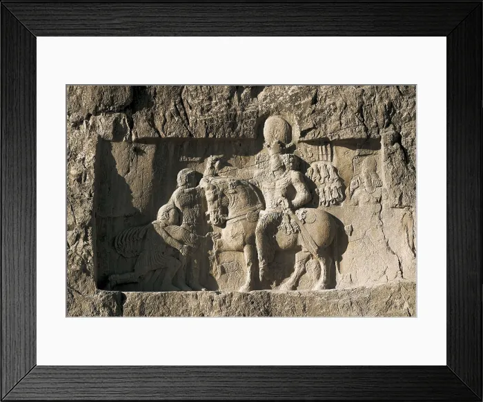 Framed Print : IRAN. Naqsh-e Rustam. The Roman emperor Valerianus kneeling before Shapur I after the battle of Edessa (260). Persian art. Sasanian art. Relief