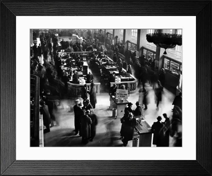 Framed Print : Crowds in the lobby of new bank in Detroit. New National Bank opened in Detroit, formed by capital subscribed by General Motors Corp and the Reconstruction Finance Corporation