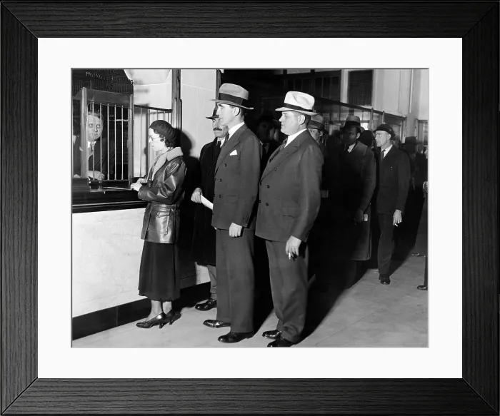 Framed Print : Detroit workers line up at the new Chrysler Emergency Bank at tellers window. Mayor Frank Murphy and K.T.Keller, Vice President of the Chrysler Motor Company look on. Feb Framed Print : Detroit workers line up at the new Chrysler Emergency Bank at tellers window. Mayor Frank Murphy and K.T.Keller, Vice President of the Chrysler Motor Company look on. Feb