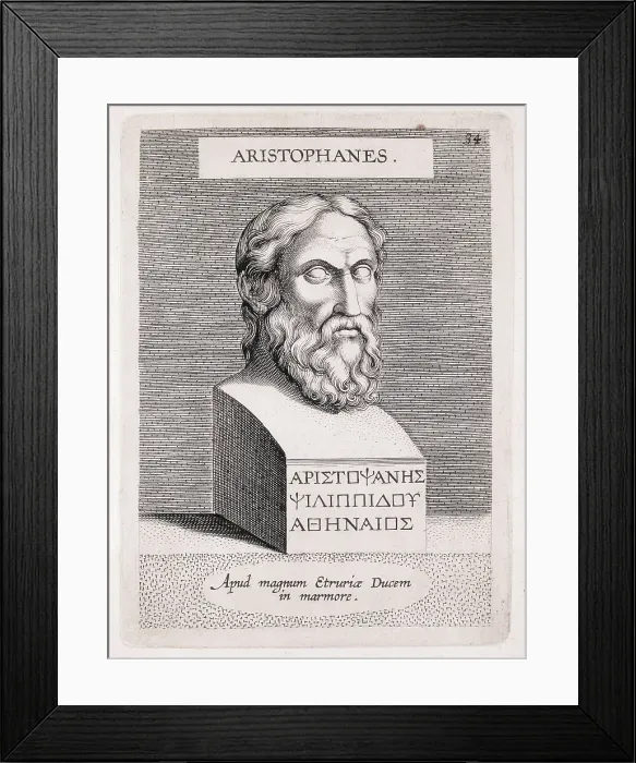Framed Print : ARISTOPHANES (445-380 BC). Portrait of Aristophanes from the book 'Illustrium imagines' of 1606. Engraving. SPAIN. Madrid. National Library Framed Print : ARISTOPHANES (445-380 BC). Portrait of Aristophanes from the book 'Illustrium imagines' of 1606. Engraving. SPAIN. Madrid. National Library