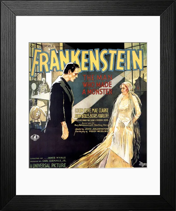 Framed Print : FRANKENSTEIN, Boris Karloff, Mae Clarke on six-sheet poster art, 1931 Framed Print : FRANKENSTEIN, Boris Karloff, Mae Clarke on six-sheet poster art, 1931